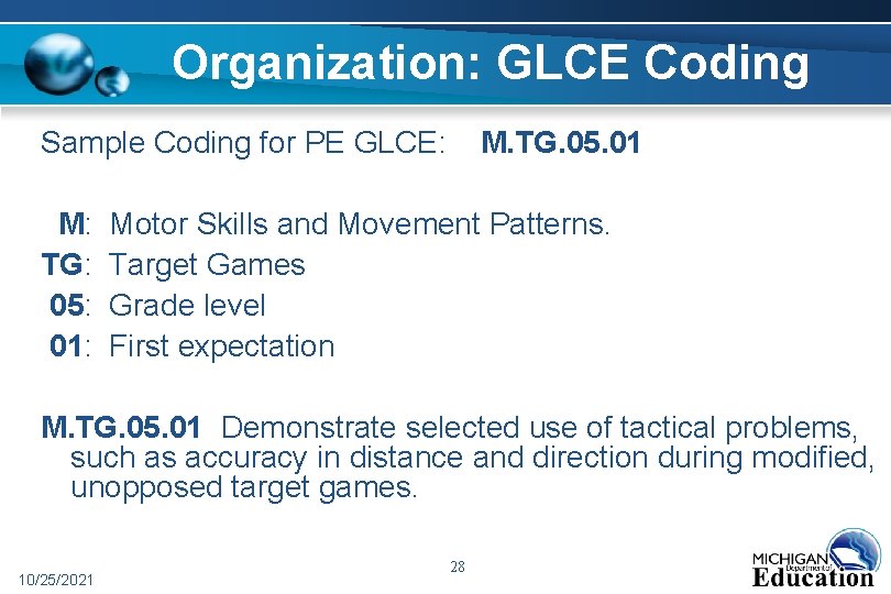 Organization: GLCE Coding Sample Coding for PE GLCE: M: TG: 05: 01: M. TG.