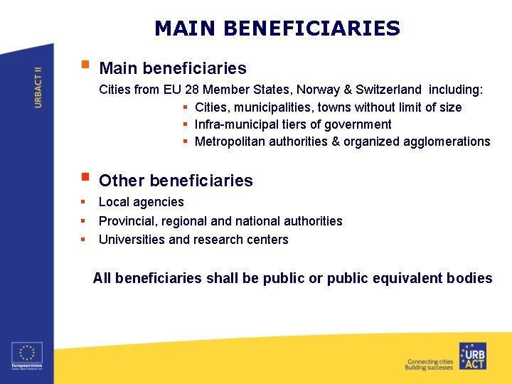 MAIN BENEFICIARIES § Main beneficiaries Cities from EU 28 Member States, Norway & Switzerland