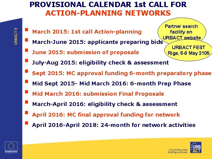 PROVISIONAL CALENDAR 1 st CALL FOR ACTION-PLANNING NETWORKS Partner search facility on URBACT website