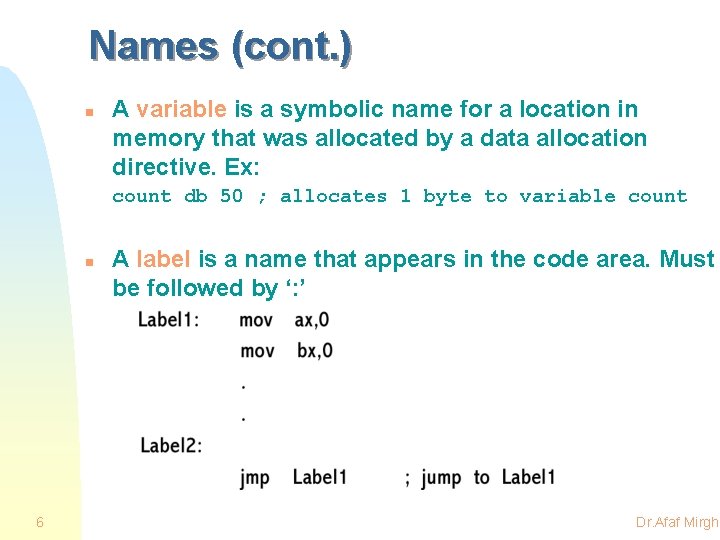 Names (cont. ) n A variable is a symbolic name for a location in