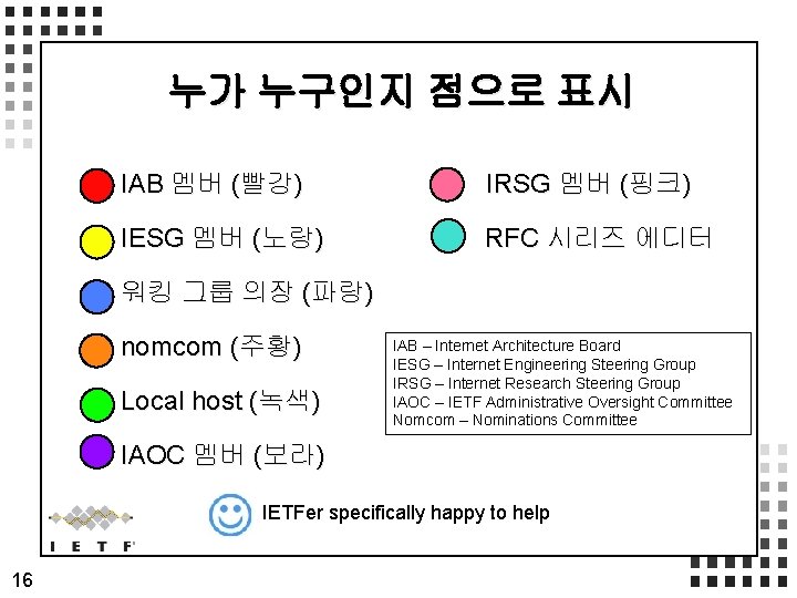 누가 누구인지 점으로 표시 IAB 멤버 (빨강) IRSG 멤버 (핑크) IESG 멤버 (노랑) RFC