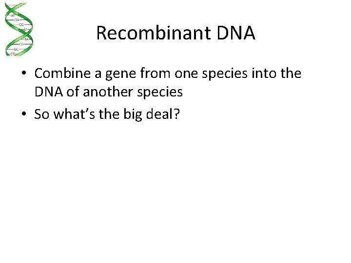 Recombinant DNA • Combine a gene from one species into the DNA of another