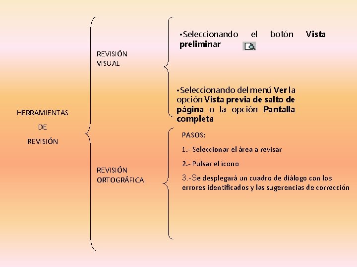  • Seleccionando preliminar el botón Vista REVISIÓN VISUAL • Seleccionando del menú Ver