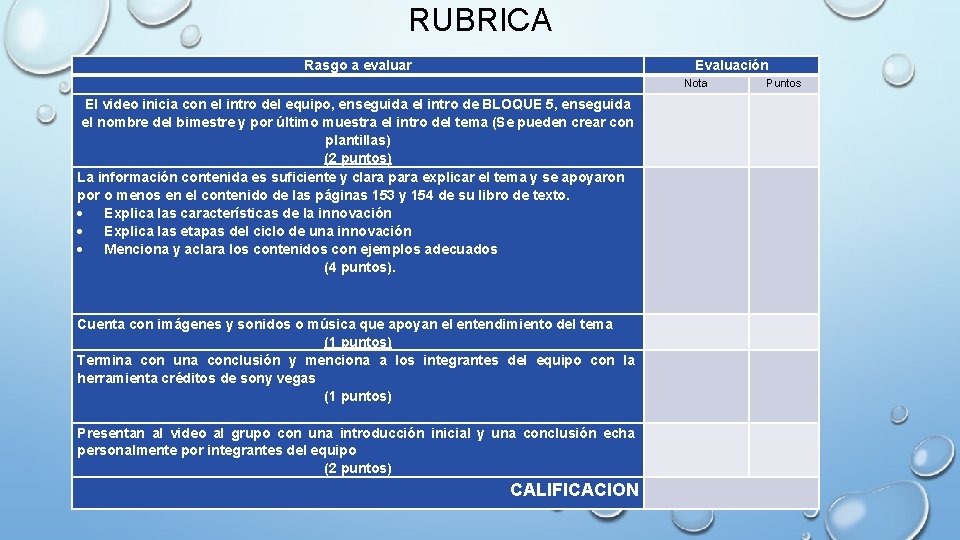 RUBRICA Rasgo a evaluar Evaluación Nota El video inicia con el intro del equipo,