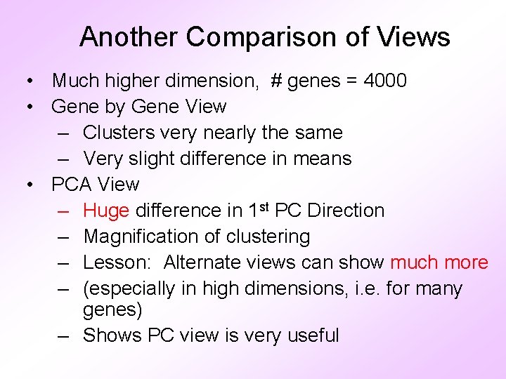 Another Comparison of Views • Much higher dimension, # genes = 4000 • Gene