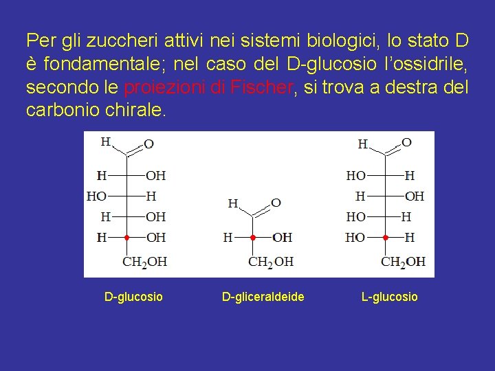 Per gli zuccheri attivi nei sistemi biologici, lo stato D è fondamentale; nel caso