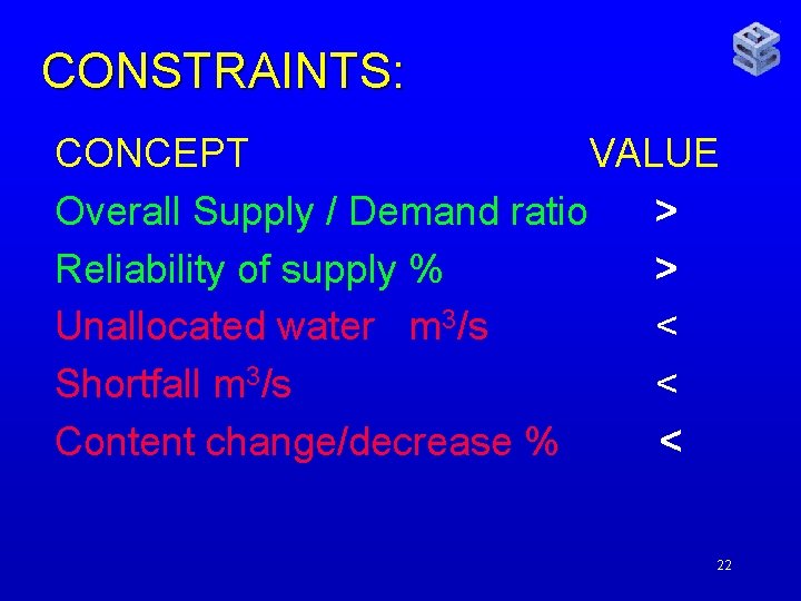 CONSTRAINTS: CONCEPT VALUE Overall Supply / Demand ratio > Reliability of supply % >