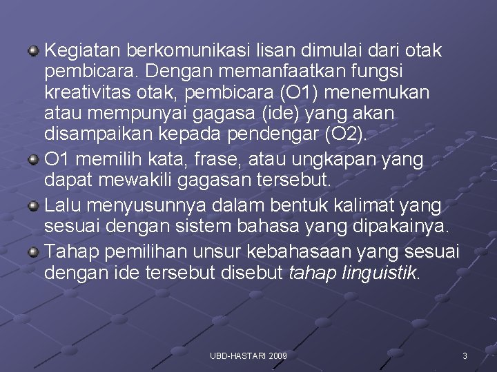 Kegiatan berkomunikasi lisan dimulai dari otak pembicara. Dengan memanfaatkan fungsi kreativitas otak, pembicara (O