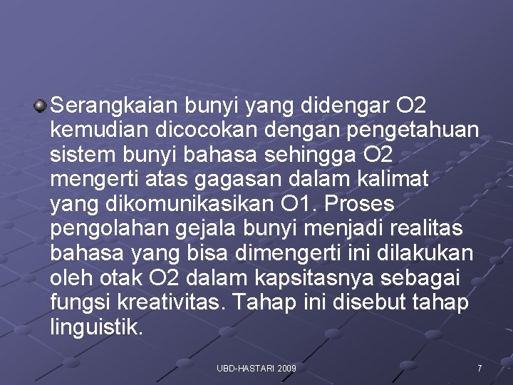 Serangkaian bunyi yang didengar O 2 kemudian dicocokan dengan pengetahuan sistem bunyi bahasa sehingga