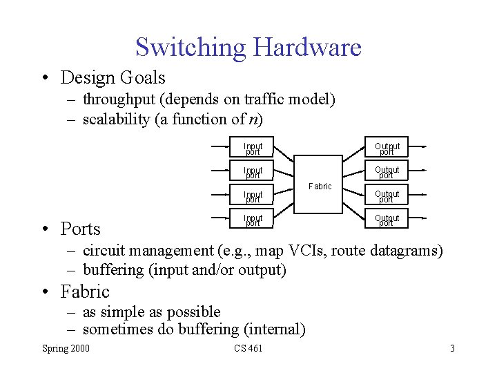 Switching Hardware • Design Goals – throughput (depends on traffic model) – scalability (a