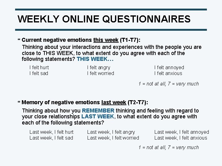 WEEKLY ONLINE QUESTIONNAIRES } Current negative emotions this week (T 1 -T 7): Thinking