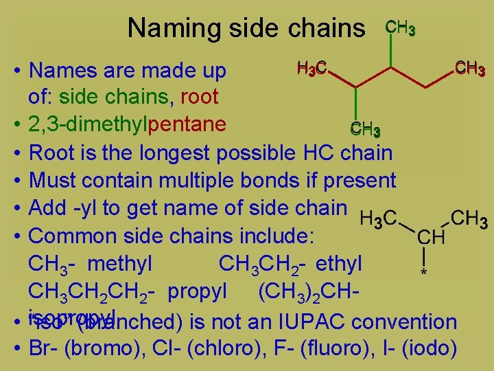 Naming side chains CH 3 H 3 C CH 3 • Names are made