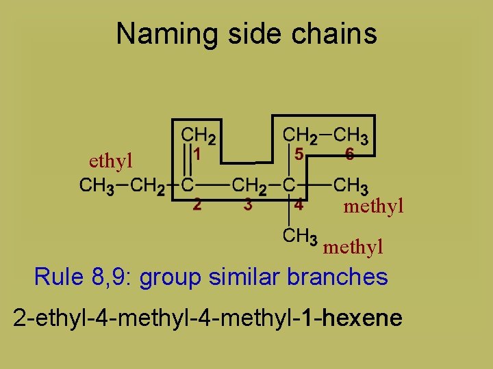 Naming side chains ethyl methyl Rule 8, 9: group similar branches 2 -ethyl-4 -methyl-1