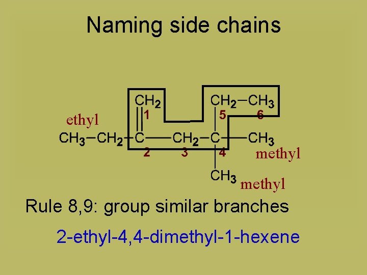 Naming side chains ethyl methyl Rule 8, 9: group similar branches 2 -ethyl-4, 4