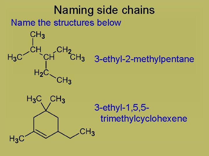 Naming side chains Name the structures below 3 -ethyl-2 -methylpentane 3 -ethyl-1, 5, 5