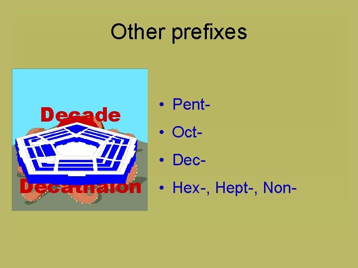 Other prefixes ? Decade Decimal • Pent • Oct • Dec- Decathalon • Hex-,