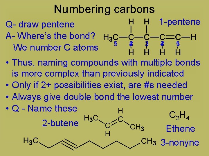 Numbering carbons Q- draw pentene A- Where’s the bond? We number C atoms 1