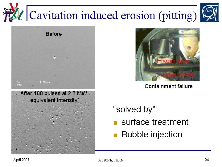 Cavitation induced erosion (pitting) Before Containment failure After 100 pulses at 2. 5 MW