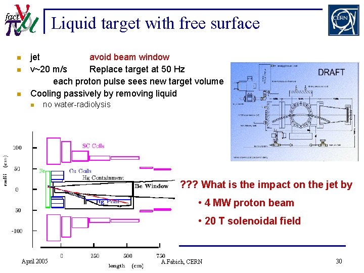 Liquid target with free surface n n n jet avoid beam window v~20 m/s