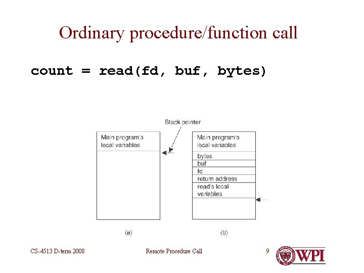 Ordinary procedure/function call count = read(fd, buf, bytes) CS-4513 D-term 2008 Remote Procedure Call