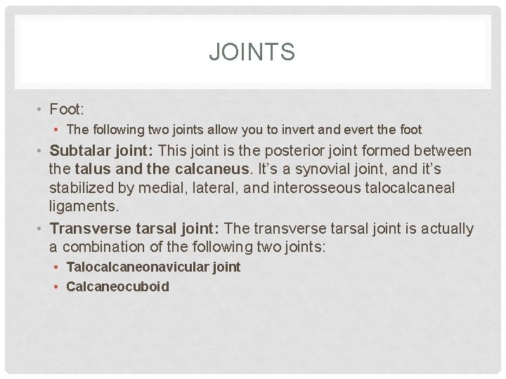 JOINTS • Foot: • The following two joints allow you to invert and evert