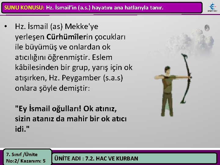 SUNU KONUSU: Hz. İsmail’in (a. s. ) hayatını ana hatlarıyla tanır. • Hz. İsmail