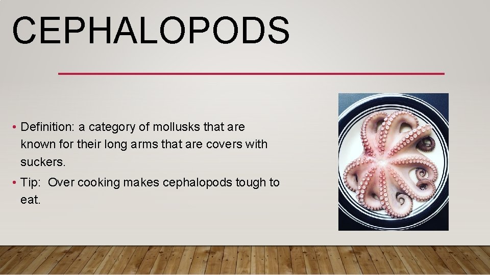 CEPHALOPODS • Definition: a category of mollusks that are known for their long arms