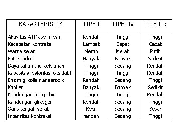 KARAKTERISTIK TIPE IIa TIPE IIb Aktivitas ATP ase miosin Kecepatan kontraksi Warna serat Mitokondria