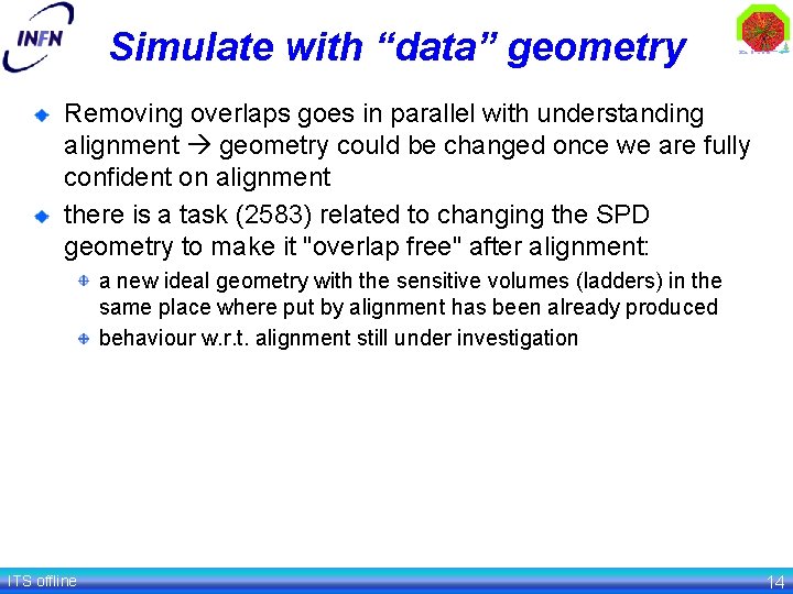 Simulate with “data” geometry Removing overlaps goes in parallel with understanding alignment geometry could