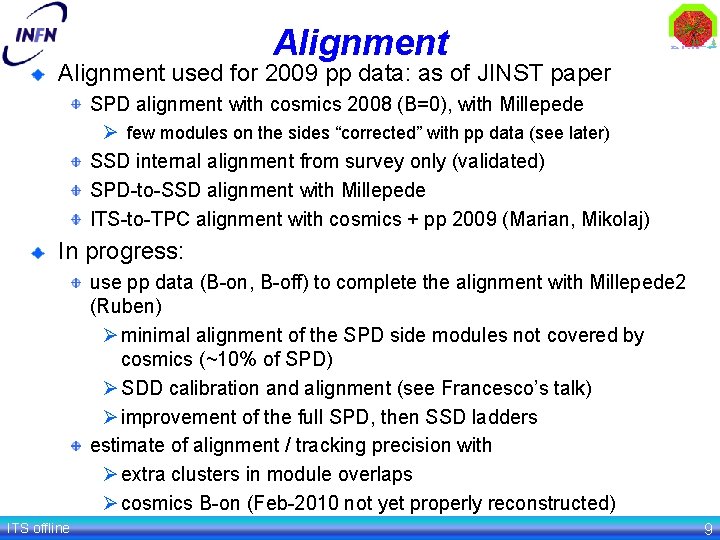 Alignment used for 2009 pp data: as of JINST paper SPD alignment with cosmics