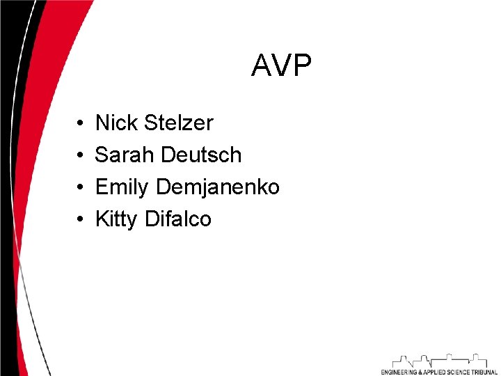 AVP • • Nick Stelzer Sarah Deutsch Emily Demjanenko Kitty Difalco 