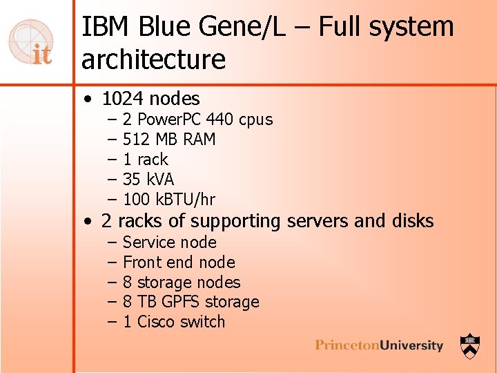 IBM Blue Gene/L – Full system architecture • 1024 nodes – – – 2