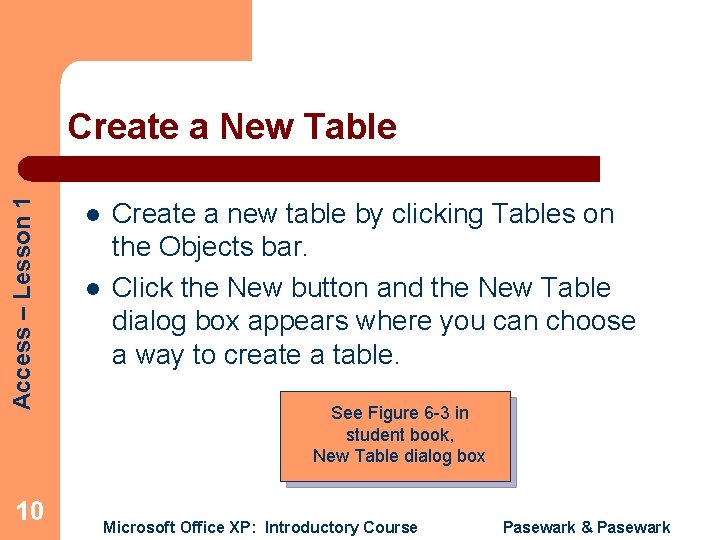 Access – Lesson 1 Create a New Table 10 l l Create a new