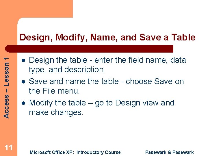Access – Lesson 1 Design, Modify, Name, and Save a Table 11 l l
