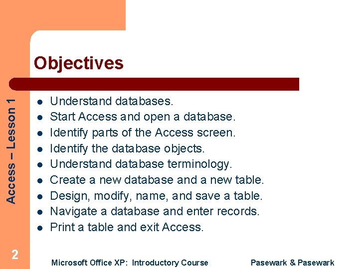 Access – Lesson 1 Objectives l l l l l 2 Understand databases. Start