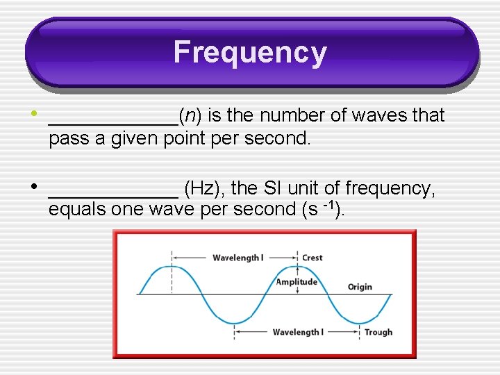 Frequency • ______(n) is the number of waves that pass a given point per