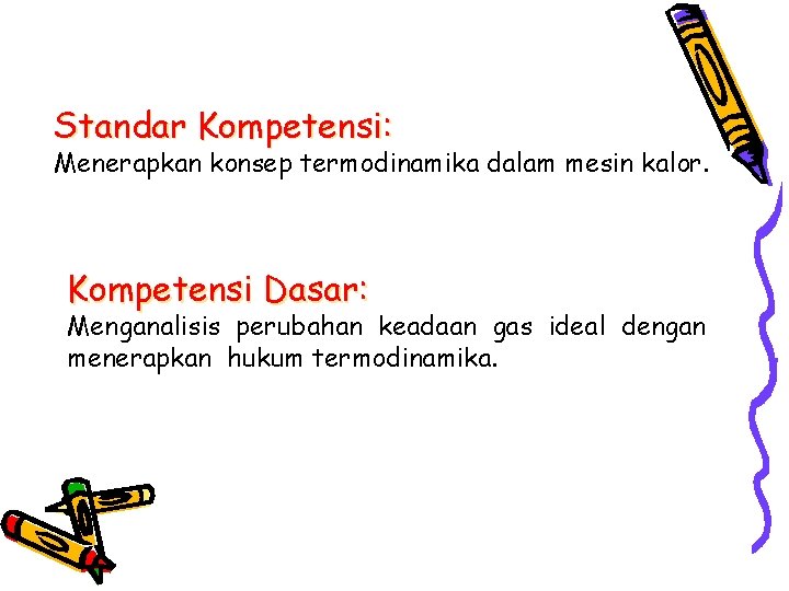 Standar Kompetensi: Menerapkan konsep termodinamika dalam mesin kalor. Kompetensi Dasar: Menganalisis perubahan keadaan gas