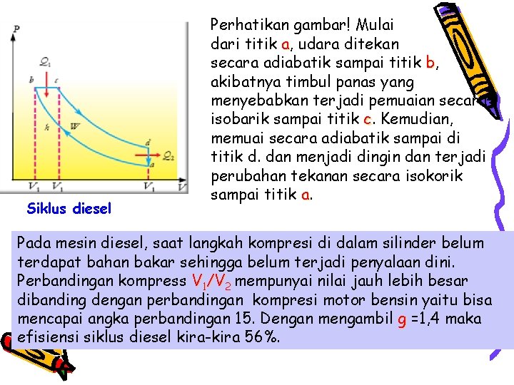 Siklus diesel Perhatikan gambar! Mulai dari titik a, udara ditekan secara adiabatik sampai titik