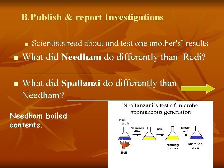 B. Publish & report Investigations n n n Scientists read about and test one