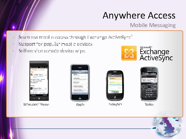 Anywhere Access Mobile Messaging • Seamless mobile access through Exchange Active. Sync® • Support