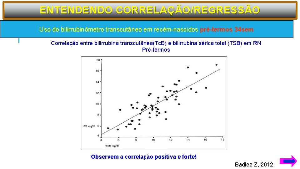 ENTENDENDO CORRELAÇÃO/REGRESSÃO Uso do bilirrubinômetro transcutâneo em recém-nascidos pré-termos 34 sem Correlação entre bilirrubina