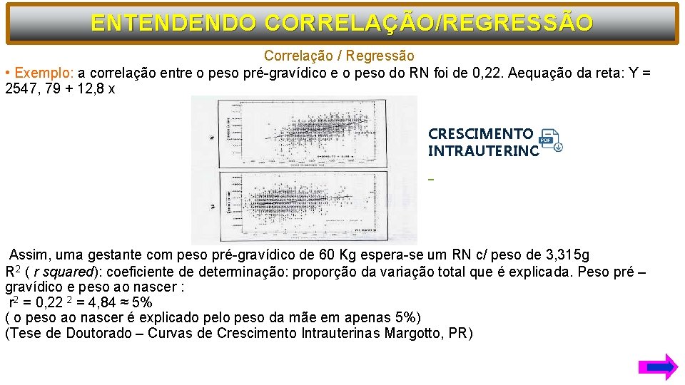 ENTENDENDO CORRELAÇÃO/REGRESSÃO Correlação / Regressão • Exemplo: a correlação entre o peso pré-gravídico e