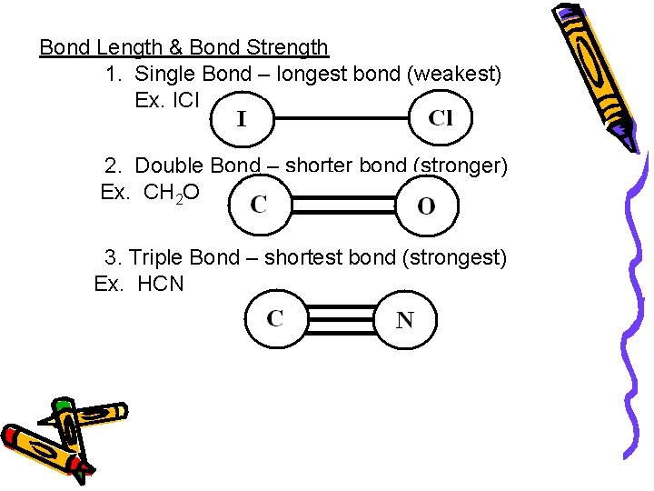 Bond Length & Bond Strength 1. Single Bond – longest bond (weakest) Ex. ICl