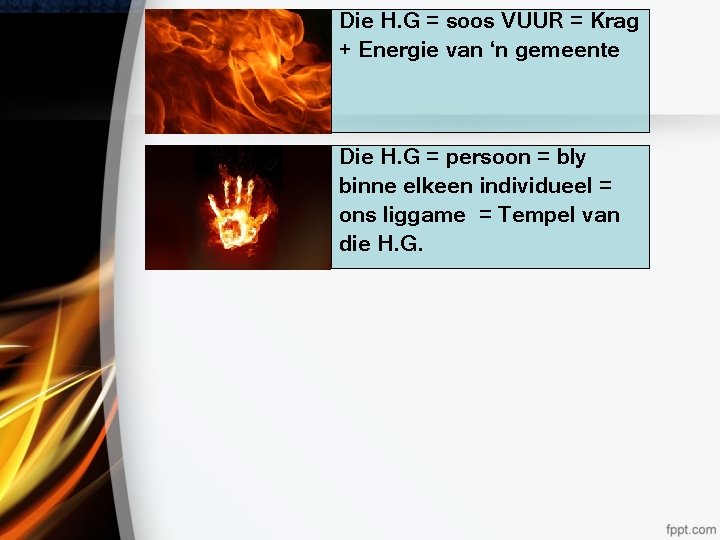 Die H. G = soos VUUR = Krag + Energie van ‘n gemeente Die
