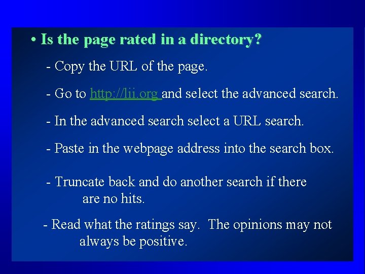  • Is the page rated in a directory? - Copy the URL of