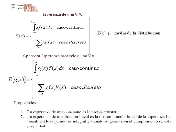 Esperanza de una V. A. Operador Esperanza asociado a una V. A. 