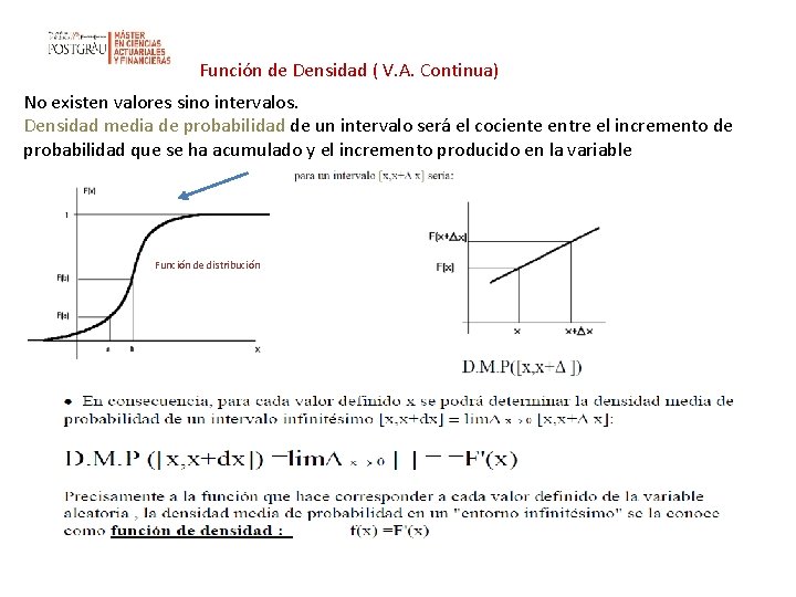 Función de Densidad ( V. A. Continua) No existen valores sino intervalos. Densidad media