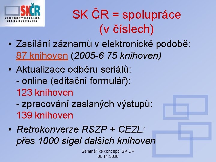 SK ČR = spolupráce (v číslech) • Zasílání záznamů v elektronické podobě: 87 knihoven