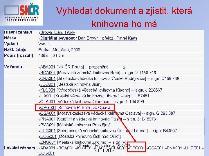 Vyhledat dokument a zjistit, která knihovna ho má Seminář ke koncepci SK ČR 30.