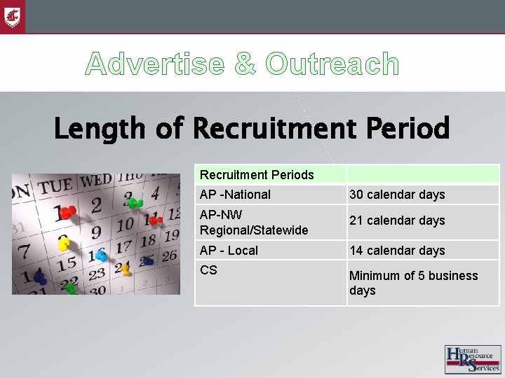 Advertise & Outreach Length of Recruitment Periods AP -National 30 calendar days AP-NW Regional/Statewide